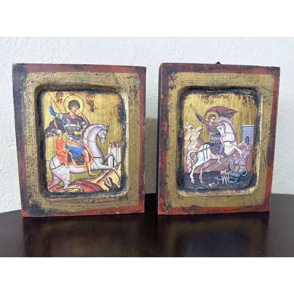 Vtg Saint George Slay the Dragon Horse Religious Art Wooden Wall Hangings Italia